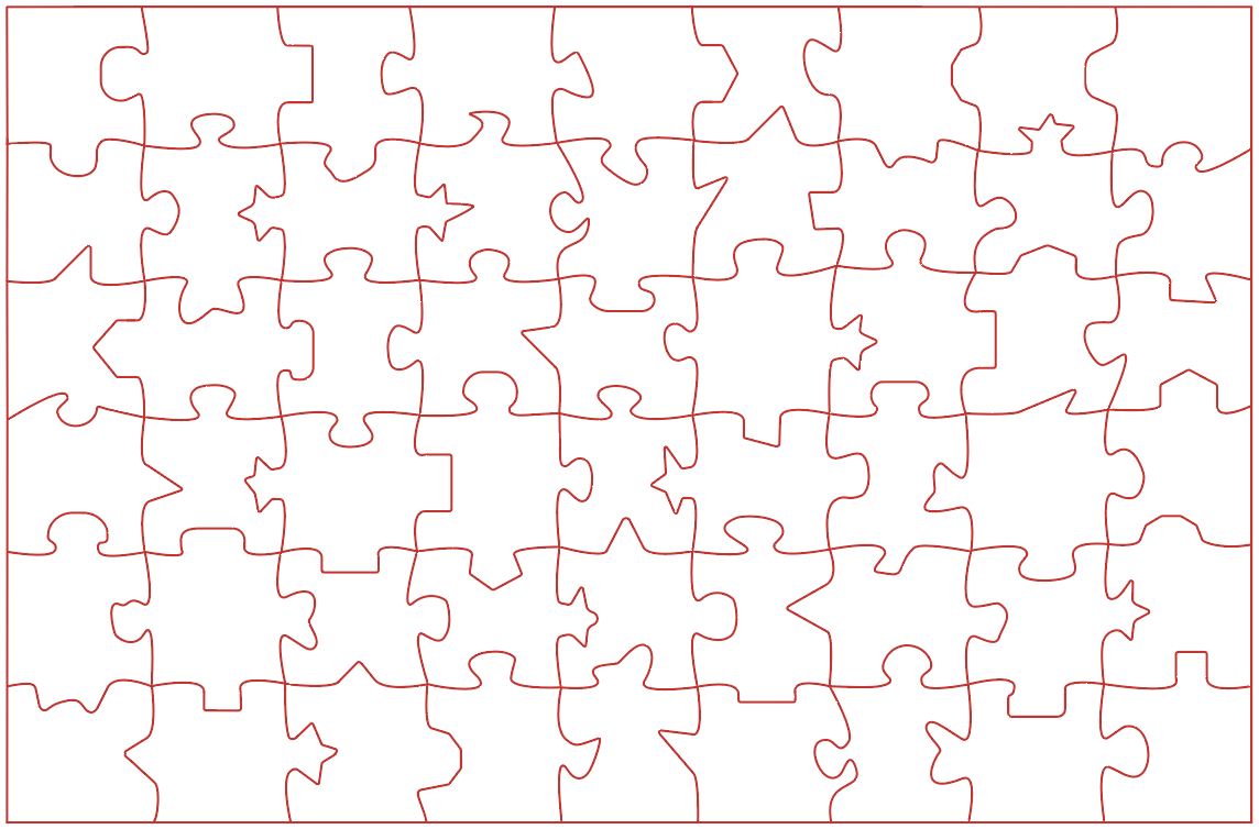 Screenshot from Adobe Illustrator showing a 54 piece horizontal puzzle with 9 columns and 6 rows. The outlines are bright red and the insides are white; there is no top design.