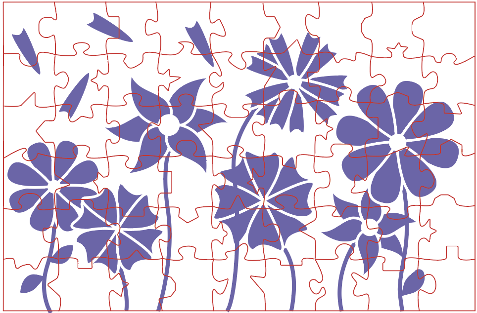 Screenshot of the new top design overlayed on top of 54 pieces. The design features seven flowers, all with stems and some with leaves. Additionally, one of the flowers has petals that have blown off and are floating away.