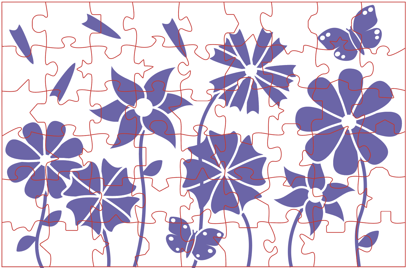 Screenshot of the new top design overlayed on top of 54 pieces. The design features seven flowers, all with stems and some with leaves, and two butterflies. Additionally, one of the flowers has petals that have blown off and are floating away.