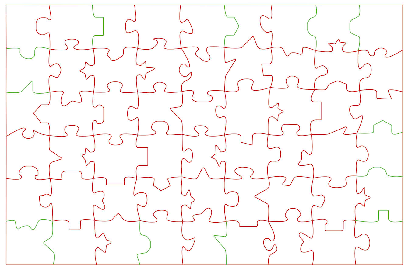 Screenshot of the puzzle piece outlines, which are red. Some edges pieces have one or two green sides.