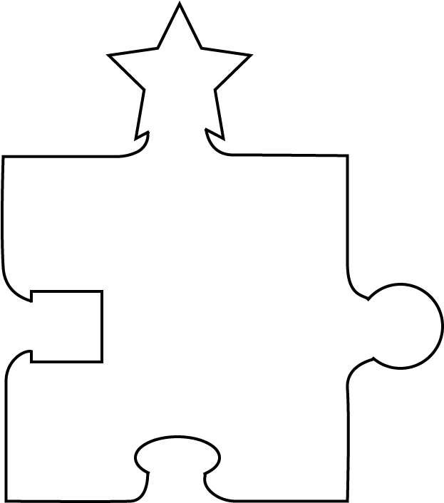 Puzzle piece with one star outer connector, one circle outer connector, one inner oval connector, and one inner square connector