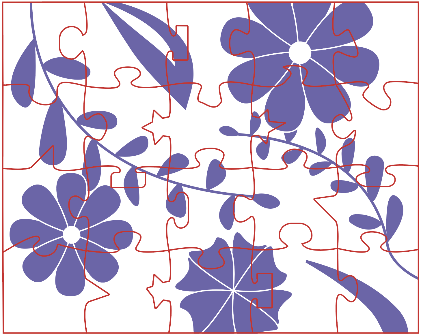 Simple floral design on top of 20 puzzle pieces. The design includes three flowers, two vines, and two leaves, all of varying sizes.