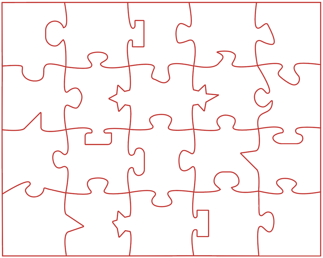 20 blank puzzle pieces. Some of the connectors are unusual shapes, such as rectangles and stars.