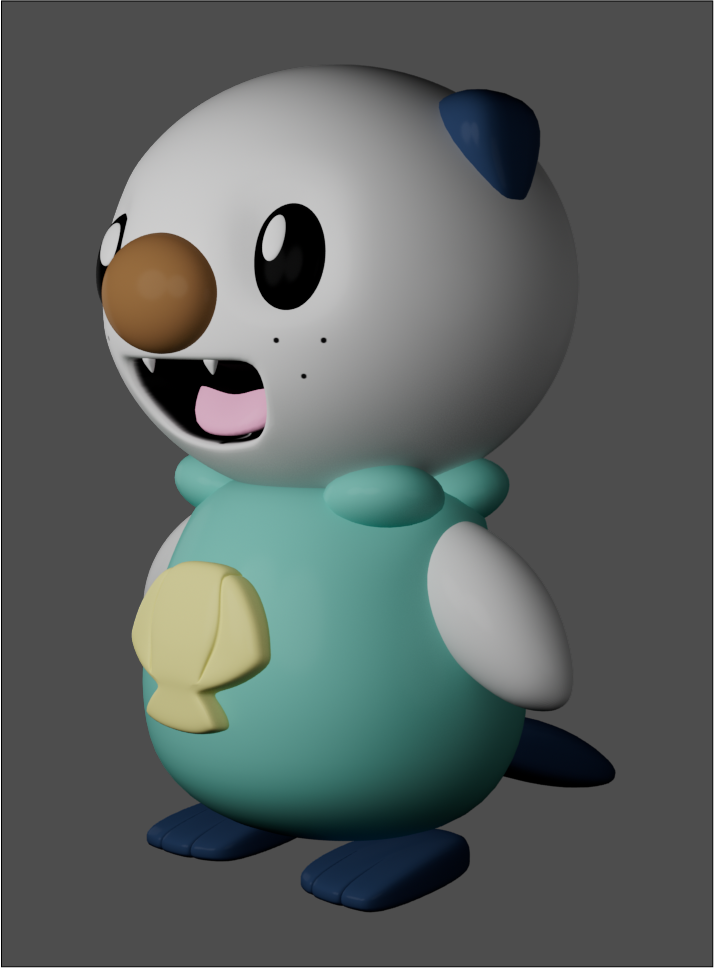 Three-fourths view screenshot of a 3D modeled Oshawott.